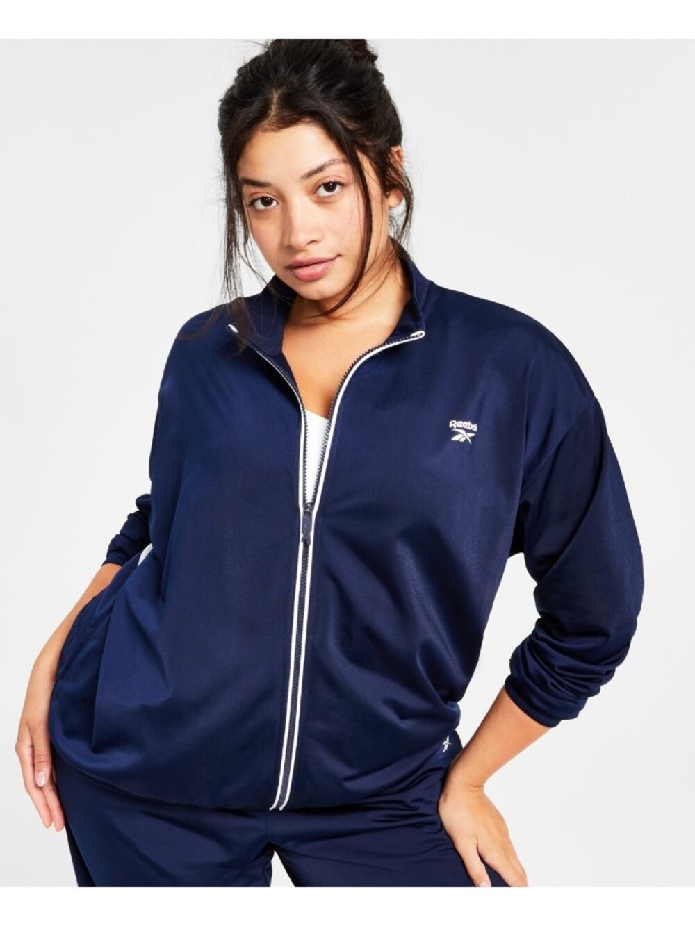Reebok Women Polyester Logo Tricot Long-Sleeve Track Jacket Navy Blue Size S $55